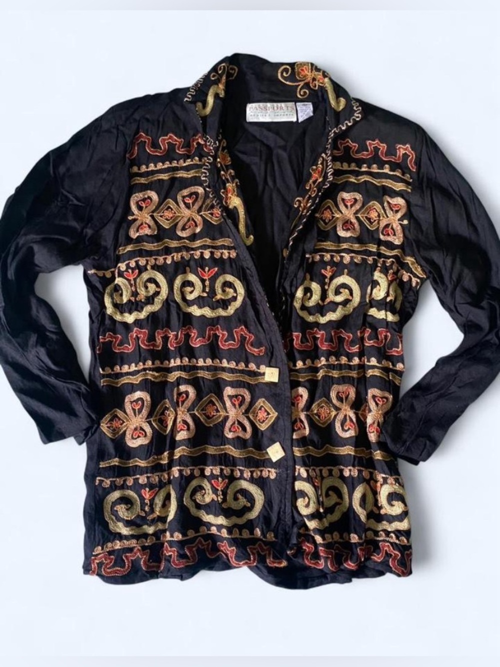 Vintage Passports Pier 1 Imports Embroidered Rayon Blouse Jacket Black Gold L